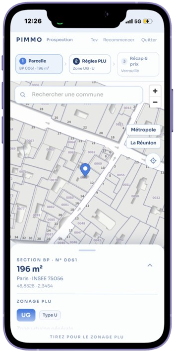 Application PIMMO sur téléphone : sélection de parcelle sur la carte cadastrale, section BP nº 0061, 196 m², zonage PLU UG